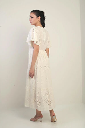 Kadın V Yaka Önü Püsküllü Astarlı Uzun Fisto Elbise