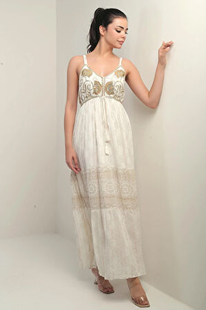 Kadın İp Askılı V Yaka Arkası Gipeli Astarlı Sim Nakışlı Şal Desenli Cepli Floş Jakarlı Elbise