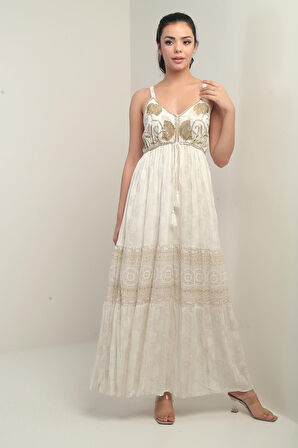 Kadın İp Askılı V Yaka Arkası Gipeli Astarlı Sim Nakışlı Şal Desenli Cepli Floş Jakarlı Elbise