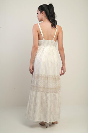 Kadın İp Askılı V Yaka Arkası Gipeli Astarlı Sim Nakışlı Şal Desenli Cepli Floş Jakarlı Elbise