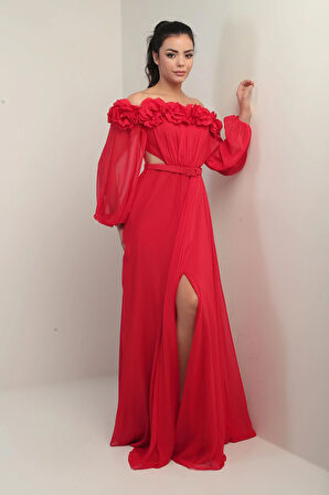 Kadın Çiçekli Madonna Yaka Kemerli Astarlı Şifon Uzun Elbise