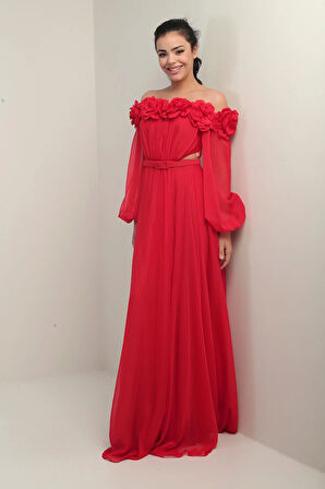 Kadın Çiçekli Madonna Yaka Kemerli Astarlı Şifon Uzun Elbise