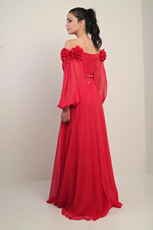 Kadın Çiçekli Madonna Yaka Kemerli Astarlı Şifon Uzun Elbise