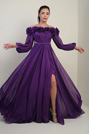 Kadın Çiçekli Madonna Yaka Kemerli Astarlı Şifon Uzun Elbise