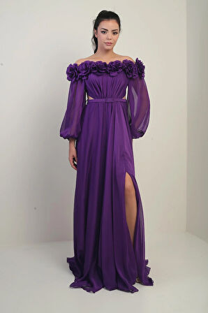 Kadın Çiçekli Madonna Yaka Kemerli Astarlı Şifon Uzun Elbise