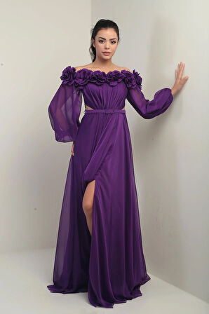 Kadın Çiçekli Madonna Yaka Kemerli Astarlı Şifon Uzun Elbise