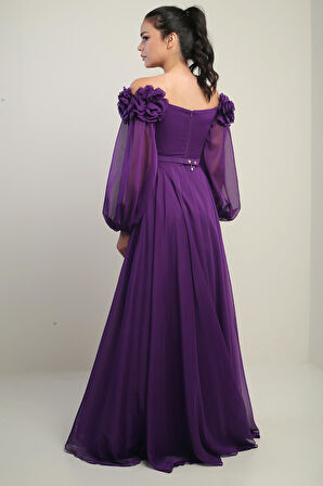 Kadın Çiçekli Madonna Yaka Kemerli Astarlı Şifon Uzun Elbise