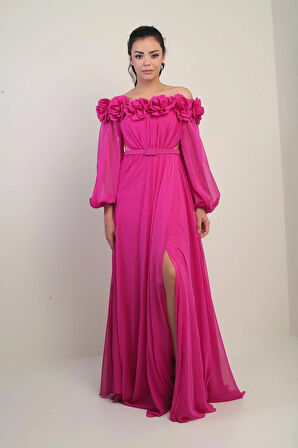 Kadın Çiçekli Madonna Yaka Kemerli Astarlı Şifon Uzun Elbise