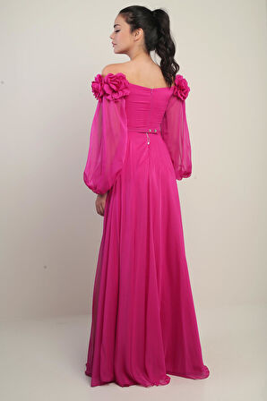 Kadın Çiçekli Madonna Yaka Kemerli Astarlı Şifon Uzun Elbise