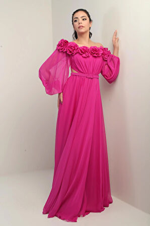 Kadın Çiçekli Madonna Yaka Kemerli Astarlı Şifon Uzun Elbise