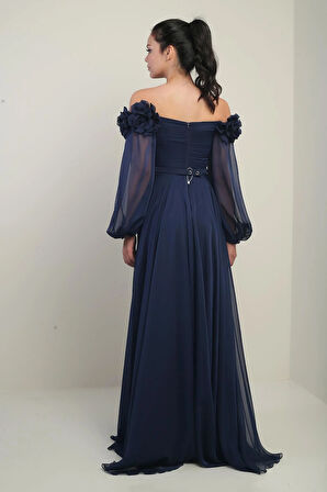 Kadın Çiçekli Madonna Yaka Kemerli Astarlı Şifon Uzun Elbise