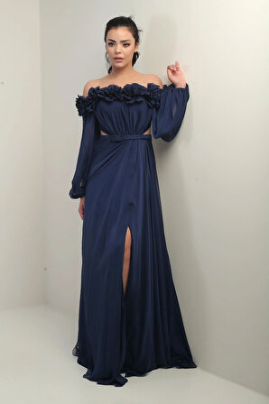 Kadın Çiçekli Madonna Yaka Kemerli Astarlı Şifon Uzun Elbise