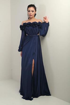 Kadın Çiçekli Madonna Yaka Kemerli Astarlı Şifon Uzun Elbise