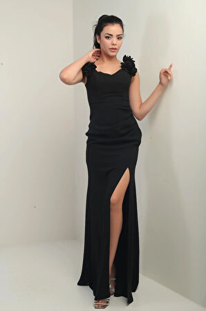 Kadın Madonna Yaka Çiçek Detaylı Önü Drapeli Uzun Elbise