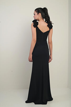 Kadın Madonna Yaka Çiçek Detaylı Önü Drapeli Uzun Elbise