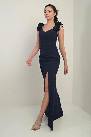 Kadın Madonna Yaka Çiçek Detaylı Önü Drapeli Uzun Elbise