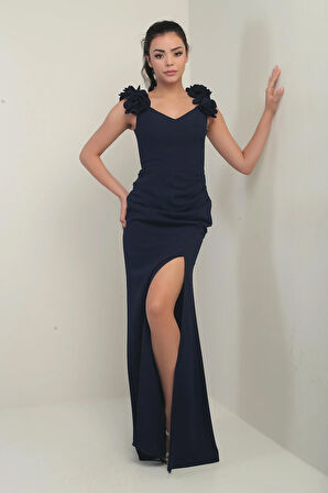 Kadın Madonna Yaka Çiçek Detaylı Önü Drapeli Uzun Elbise