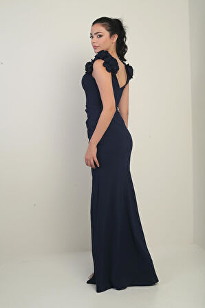 Kadın Madonna Yaka Çiçek Detaylı Önü Drapeli Uzun Elbise