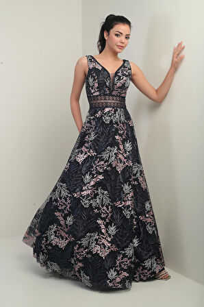 Kadın V Yaka Kalın Askılı Beli Dekolteli Nakışlı Uzun Kloş Elbise