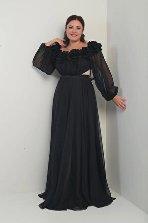 Çiçekli Madonna Yaka Kemerli Astarlı Şifon B.B. Uzun Elbise