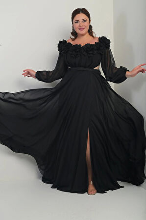 Çiçekli Madonna Yaka Kemerli Astarlı Şifon B.B. Uzun Elbise