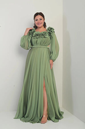 Çiçekli Madonna Yaka Kemerli Astarlı Şifon B.B. Uzun Elbise