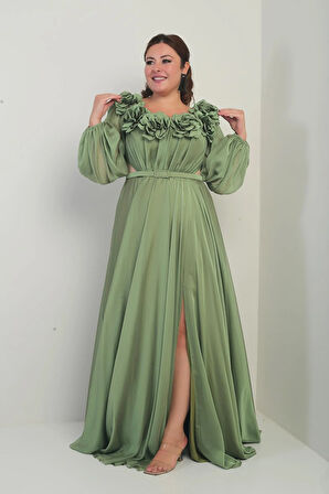 Çiçekli Madonna Yaka Kemerli Astarlı Şifon B.B. Uzun Elbise