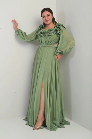 Çiçekli Madonna Yaka Kemerli Astarlı Şifon B.B. Uzun Elbise