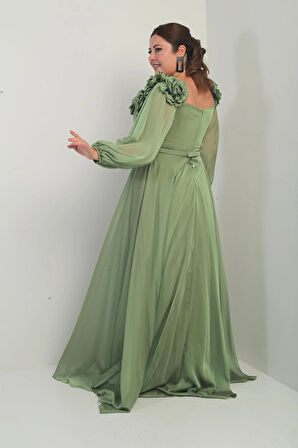 Çiçekli Madonna Yaka Kemerli Astarlı Şifon B.B. Uzun Elbise