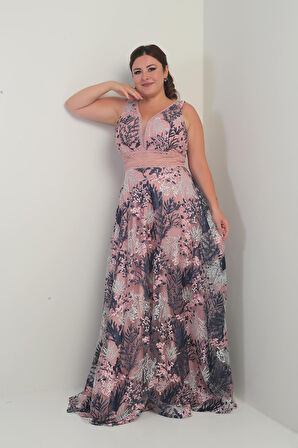 Kadın V Yaka Kalın Askılı Beli Dekolteli Nakışlı Uzun Kloş B.B. Elbise