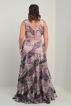 Kadın V Yaka Kalın Askılı Beli Dekolteli Nakışlı Uzun Kloş B.B. Elbise