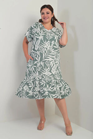 Kadın V Yaka Karışık Yaprak Desenli Cepli Eteği Fırfırlı Büyük Beden Elbise