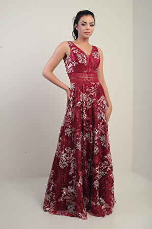 Kadın V Yaka Kalın Askılı Beli Dekolteli Nakışlı Uzun Kloş Elbise