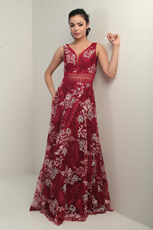 Kadın V Yaka Kalın Askılı Beli Dekolteli Nakışlı Uzun Kloş Elbise