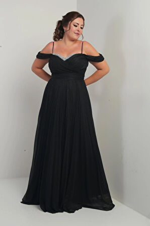 Kadın Sezerler Taş İşlemeli Straplez Yaka İp Askılı Düşük Omuz Simli Uzun B.B. Elbise