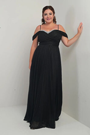 Kadın Sezerler Taş İşlemeli Straplez Yaka İp Askılı Düşük Omuz Simli Uzun B.B. Elbise