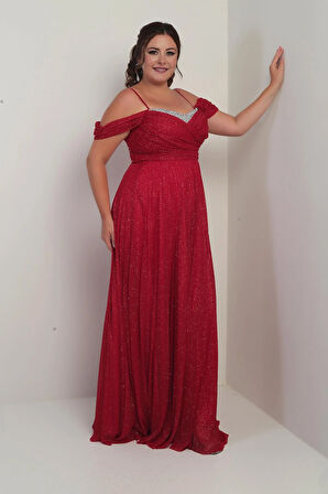 Kadın Sezerler Taş İşlemeli Straplez Yaka İp Askılı Düşük Omuz Simli Uzun B.B. Elbise