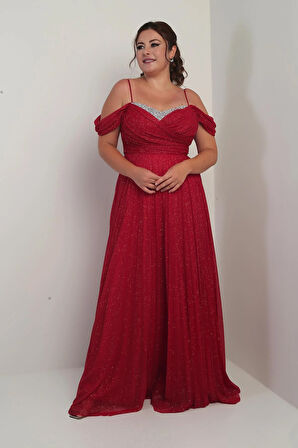 Kadın Sezerler Taş İşlemeli Straplez Yaka İp Askılı Düşük Omuz Simli Uzun B.B. Elbise