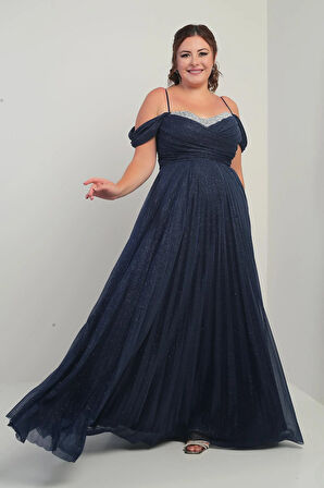 Kadın Sezerler Taş İşlemeli Straplez Yaka İp Askılı Düşük Omuz Simli Uzun B.B. Elbise