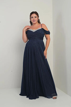 Kadın Sezerler Taş İşlemeli Straplez Yaka İp Askılı Düşük Omuz Simli Uzun B.B. Elbise