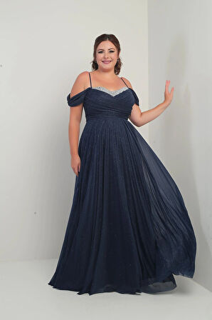 Kadın Sezerler Taş İşlemeli Straplez Yaka İp Askılı Düşük Omuz Simli Uzun B.B. Elbise