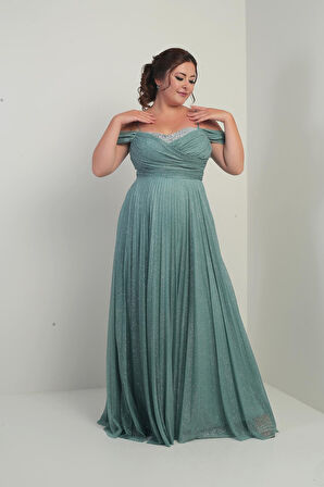 Kadın Sezerler Taş İşlemeli Straplez Yaka İp Askılı Düşük Omuz Simli Uzun B.B. Elbise