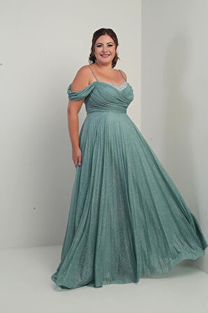 Kadın Sezerler Taş İşlemeli Straplez Yaka İp Askılı Düşük Omuz Simli Uzun B.B. Elbise