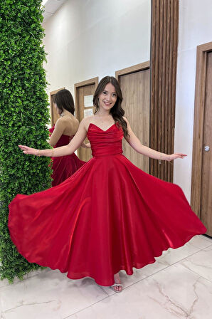 Kadın Degaje Straplez Yaka Astarlı Organze Saten Midi Elbise