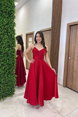 Kadın Degaje Straplez Yaka Astarlı Organze Saten Midi Elbise