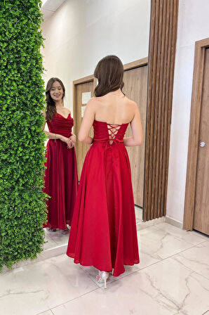 Kadın Degaje Straplez Yaka Astarlı Organze Saten Midi Elbise