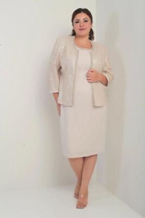 Kadın Kolsuz Astarlı Elbise Pul İşlemeli Ceket Taş Detaylı Büyük Beden 2'li Takım