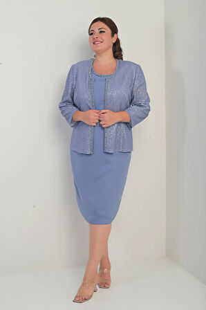 Kadın Kolsuz Astarlı Elbise Pul İşlemeli Ceket Taş Detaylı Büyük Beden 2'li Takım