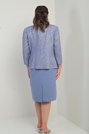 Kadın Kolsuz Astarlı Elbise Pul İşlemeli Ceket Taş Detaylı Büyük Beden 2'li Takım