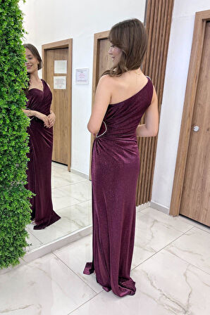 Kadın Tek Omuz Yanı Transparan Drapeli Astarlı Likralı Simli Uzun Elbise